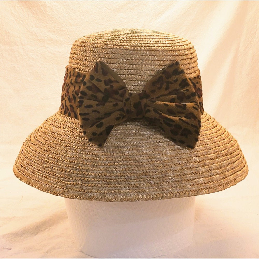 Vtg Natural Straw Bucket Boho Beach Hat Big Brim Chloe Cheetah Band One Size - Picture 3 of 5